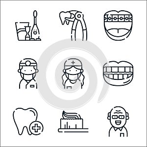 dental care line icons. linear set. quality vector line set such as old man, toothbrush, dental care, smile, dentist, dentist,