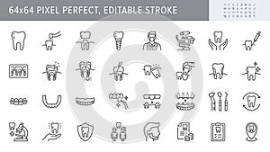 Dental care line icons. Vector illustration include icon - implant, braces, dentist, toothache, aligners, veneers, tooth