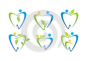 dental care logo, dentist illustration health people nature symbol set design vector