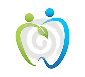Dental care logo, green leaf dentist illustration health people nature symbol set design vector.