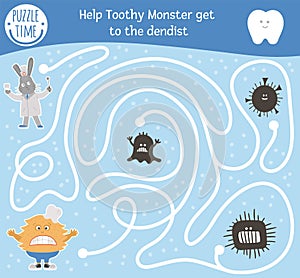 Dental care maze for children. Preschool teeth clinic activity. Funny puzzle game with cute doctor rabbit, ill toothy creature,