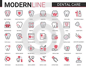 Dental care medicine flat thin red black line icons vector illustration set with medical tooth implant pictogram