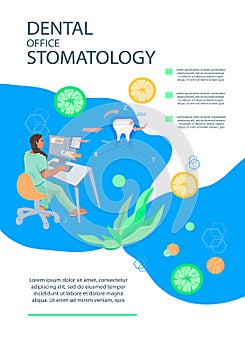 Dental care office and stomatology flyer or leaflet with dentist, flat vector.