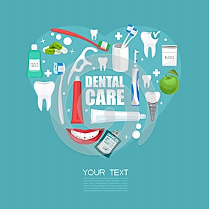 Dental care poster with equipments and heart shape