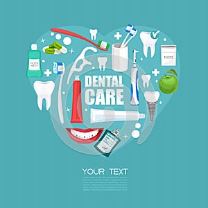 Dental care poster with equipments and heart shape photo