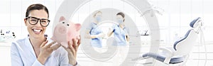 Dental care savings concept, beautiful smiling woman with piggy photo
