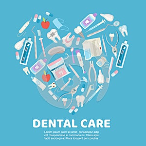 Dental care symbols in the shape of heart vector illustration. Dental floss, teeth, mouth, tooth paste and medical