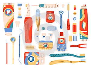 Dental care tools. Oral hygiene products and cleaning tools, toothbrush, toothpaste, dental floss, mouthwash. Oral care