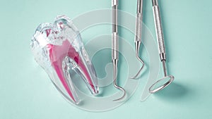 Dental care with tooth and dentist tools on green background