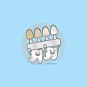 Dental cartoon of friendly white teeth holding on a shade guide teeth color with tooth friend. illustration cartoon character