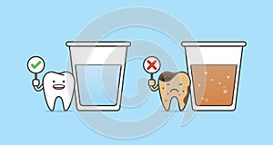 Dental cartoon of a healthy tooth with glass of water and a caries tooth with glass of soda drink illustration cartoon character