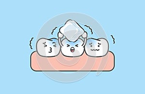 Dental cartoon of sensitive teeth be cold by holding the ice illustration cartoon character vector design on blue background.