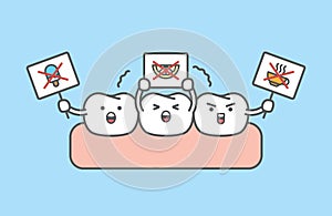 Dental cartoon of sensitive teeth protest by holding signs illustration cartoon character vector design on blue background. Dental
