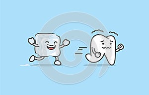 Dental cartoon of sensitive teeth run away from the ice illustration cartoon character vector design on blue background. Dental