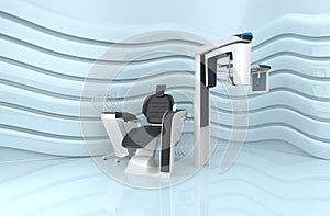 Dental chair and dental 3D CT on light blue background photo