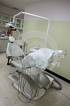 Dental chair in white room