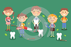 Dental children treatment, vector illustration. Boys and girls character with healthy radiant smile. Professional