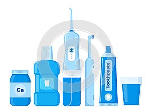 Dental cleaning tools. Oral care and hygiene products. Toothbrush, toothpaste, mouthwash, dental irrigator. Brushing teeth. Vector