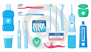 Dental cleaning tools. Oral care and hygiene products. Toothbrush, toothpaste, mouthwash, floss toothpick, dental floss, dental