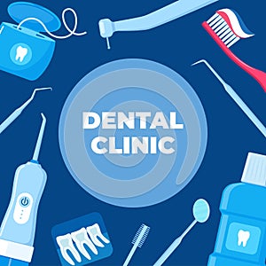 Dental clinic advertising banner template. Dentistry flyer. Dental Concept Frame. Healthy Clean Teeth. Dentist Tools and Equipment