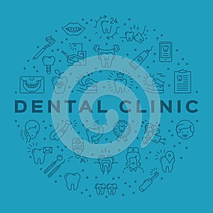 Dental clinic circle infographics Stomatology Dental care outline icons. Dentistry vector flat illustration