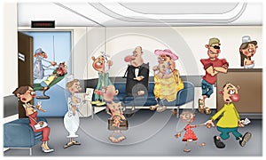 Dental clinic. Patients in the waiting room at the entrance to the dentist`s office. Humorous illustration