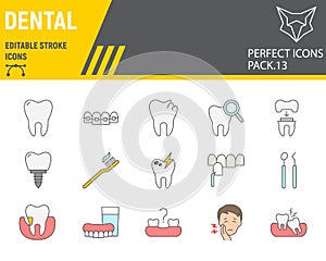 Dental color line icon set, dentistry collection, vector sketches, logo illustrations, orthodontics icons, stomatology