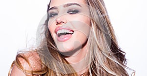 Dental concept, beauty woman white teeth. Dental whiten smile concept. Open mouth and healthy toothy. Dent and