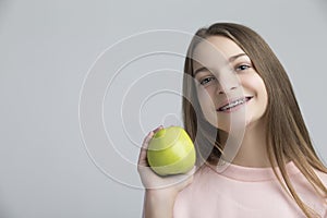 Dental Concepts. Portrait of Happy Teenage Female With Teeth Braces