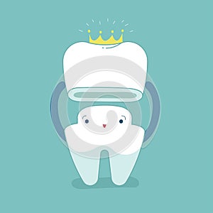 Dental crown, tooth put in crown, dental cartoon concept