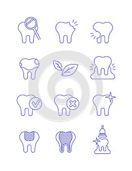 Dental diseases and treatment thin line icons