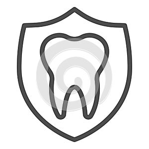 Dental emblem line icon. Protection, shield with healthy tooth symbol, outline style pictogram on white background