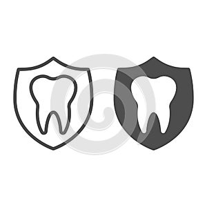 Dental emblem line and solid icon. Protection, shield with healthy tooth symbol, outline style pictogram on white