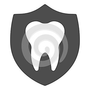 Dental emblem solid icon. Protection, shield with healthy tooth symbol, glyph style pictogram on white background