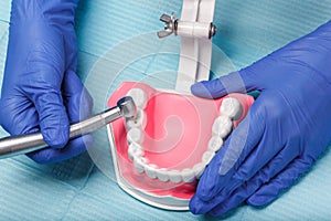 Dental and endodontic instruments on the napkin. Top view.