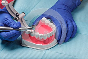 Dental and endodontic instruments on the napkin. Top view.