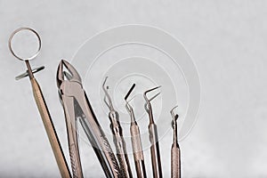 Dental and endodontic instruments on the napkin. Top view.