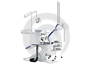 Dental equipment for dentist blue behind with armchair and bedside table with tools 3d render on white background no shadow