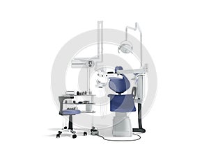 Dental equipment for dentist blue in front with armchair and bed