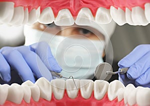 Dental examination concept, Inside mouth view. Soft focus