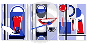 Dental fashion.Set of abstract Pop art posters with geometric shapes.Minimal design backgrounds.Oral care