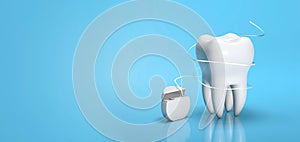 Dental floss. Flossing your teeth. Tooth and dental floss on a blue background. Copy space for text. 3d render