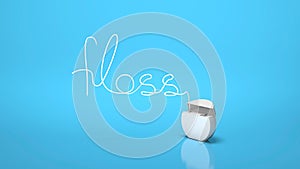 Dental floss in the form of the word FLOSS on a blue background. 3d render