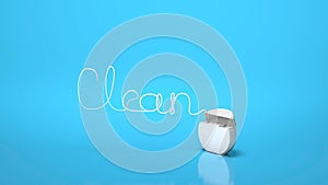 Dental floss in the form of the word CLEAN on a blue background. 3d render