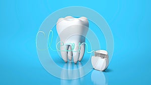 Dental floss in the form of the word CLEAN and tooth on a blue background. 3d render