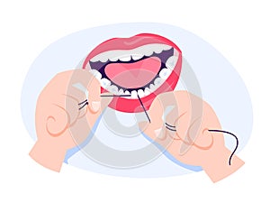 Dental floss. Oral health care concept. Mouth and teeth hygiene