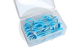 Dental flossers cleaning .Plastic white dental toothpick with floss .