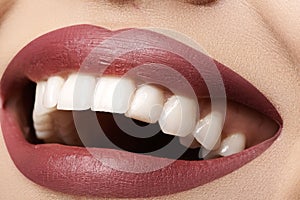 Dental. Happy smile with red lips make-up, white healthy teeth