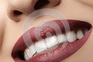 Dental. Happy smile with red lips make-up, white healthy teeth