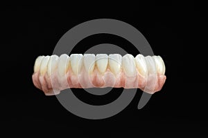 Dental health care. Ceramic zirconium in final version. Close up dental prosthesis on zirconium oxide implants